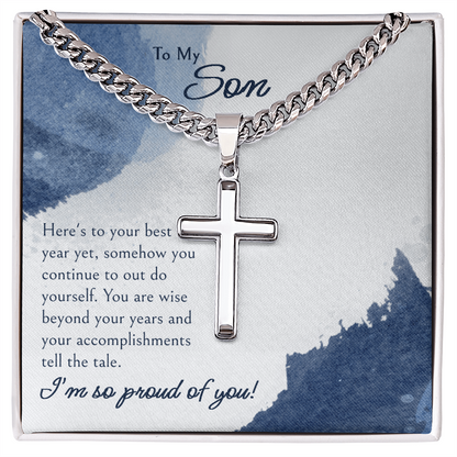 "A GIFT FOR A SON" Steel Cross Necklace on Cuban Chain - Here's To Your Best Year Yet