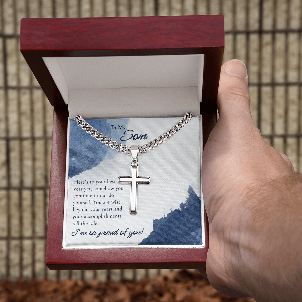 "A GIFT FOR A SON" Steel Cross Necklace on Cuban Chain - Here's To Your Best Year Yet