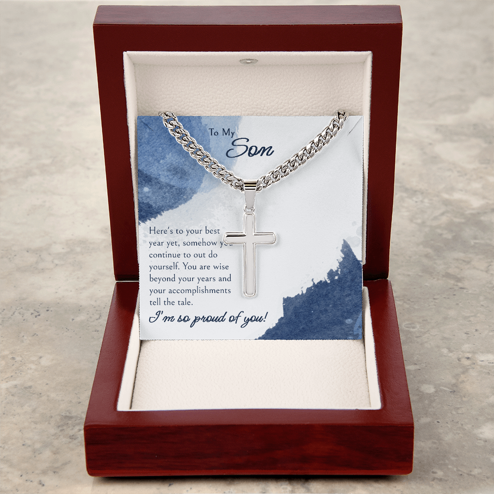 "A GIFT FOR A SON" Steel Cross Necklace on Cuban Chain - Here's To Your Best Year Yet