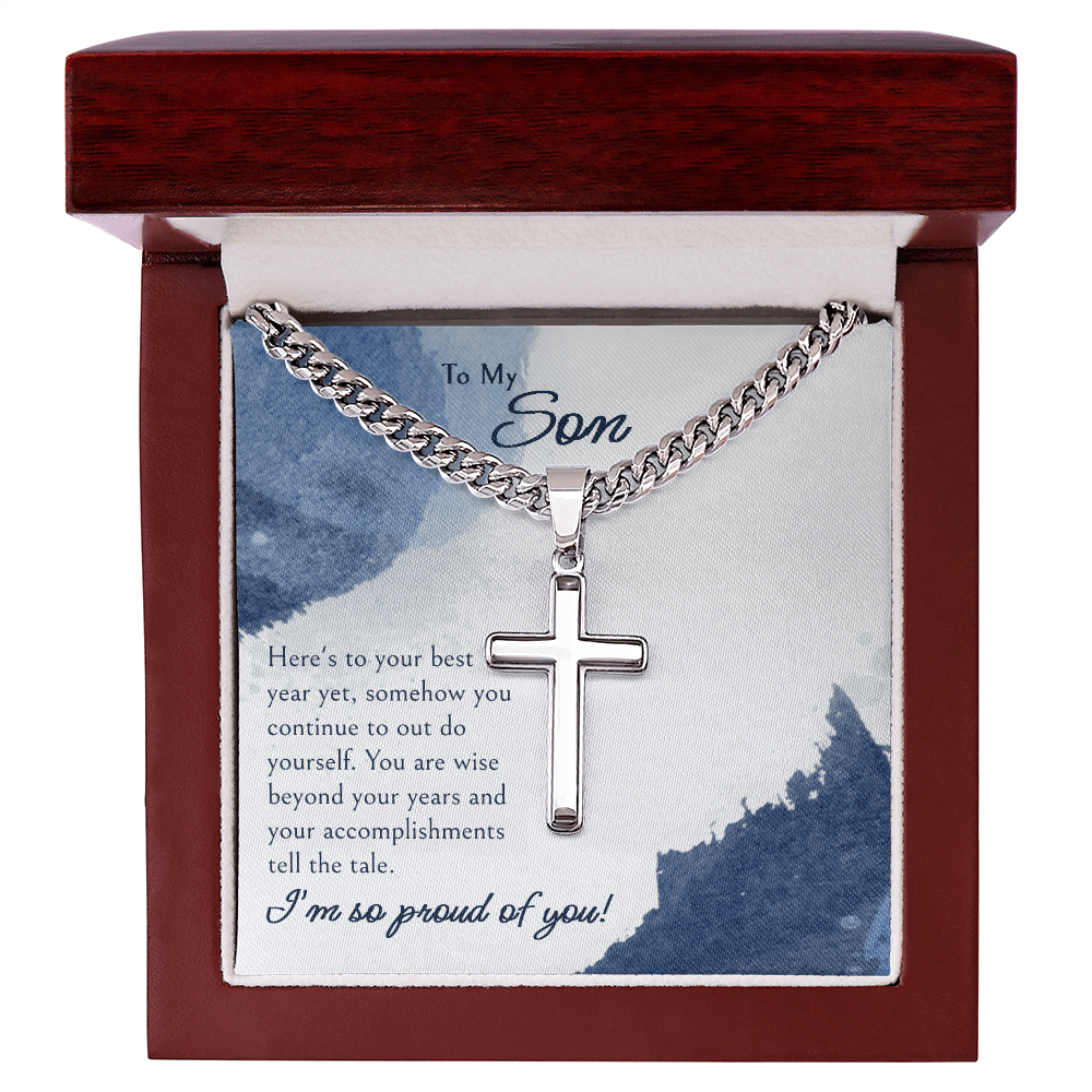 "A GIFT FOR A SON" Steel Cross Necklace on Cuban Chain - Here's To Your Best Year Yet